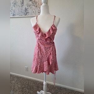 Pink Heart-Print Ruffle Wrap Dress